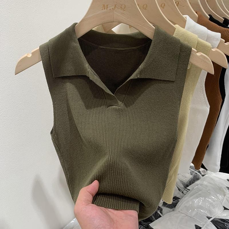 Vêtements pour femmes, débardeur à revers, coupe slim, sans manches, tendance_voghion.com