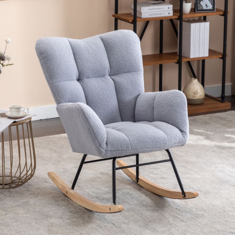 Mid Century Moderner Schaukelstuhl Aus Teddystoff Mit Getuftetem Bezug, Gepolsterte Sitzfläche Für Wohnzimmer Und Schlafzimmer, Hellgrau_voghion.com