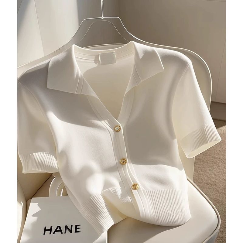 Women's Clothing Knitted Short Sleeved Straight Shoulder Temperament T Shirt_voghion.com