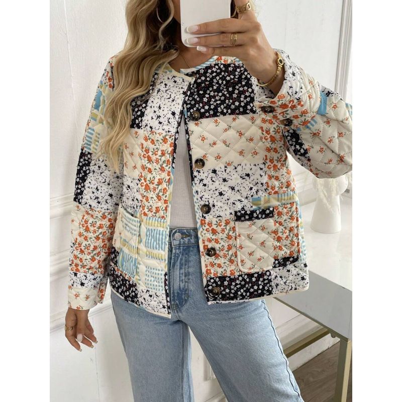 Jaqueta acolchoada estampada multicolorida de algodão, estilo INS feminino, tendência outono/inverno 2025._voghion.com