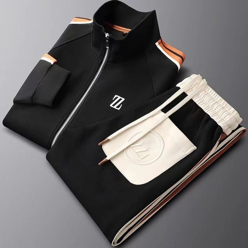 Herrenbekleidung Stehkragen Freizeitsportanzug Herrenmode Sportbekleidung Langarm Gerade Hose Zweiteiliger Anzug_voghion.com