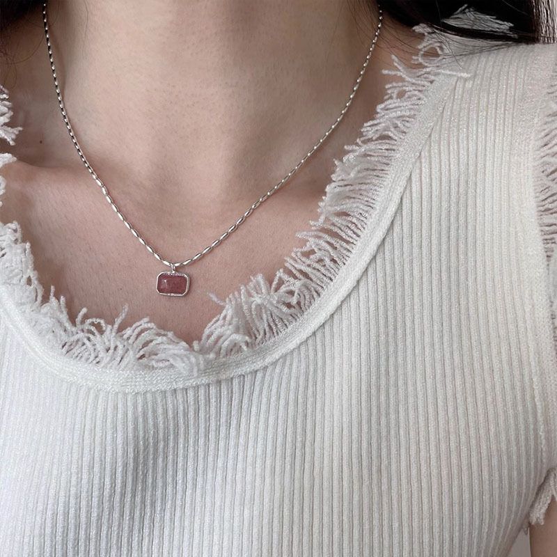 Ogrlica Sterling VENUS Sier z geometrijskim roza kristalom za ženske, dekliški trend, ljubki minimalistični nakit, darilo_voghion.com