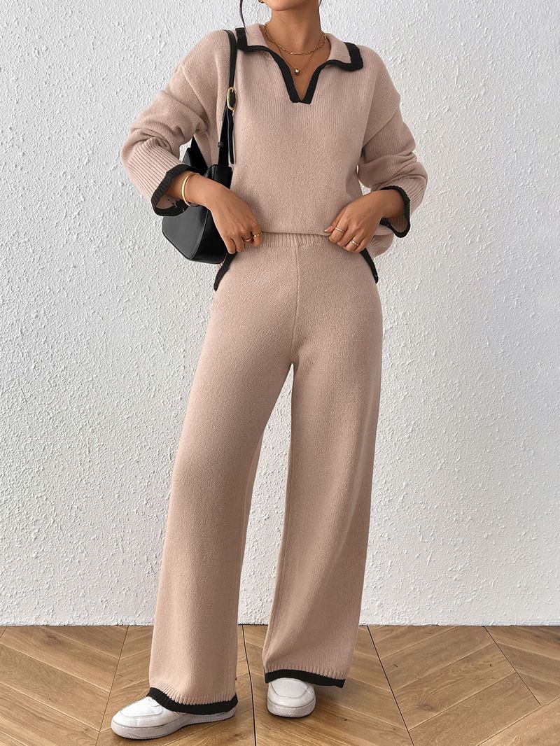 Stilvolles zweiteiliges Damen-Set – Pullover mit Polokragen und weitem Bein_voghion.com