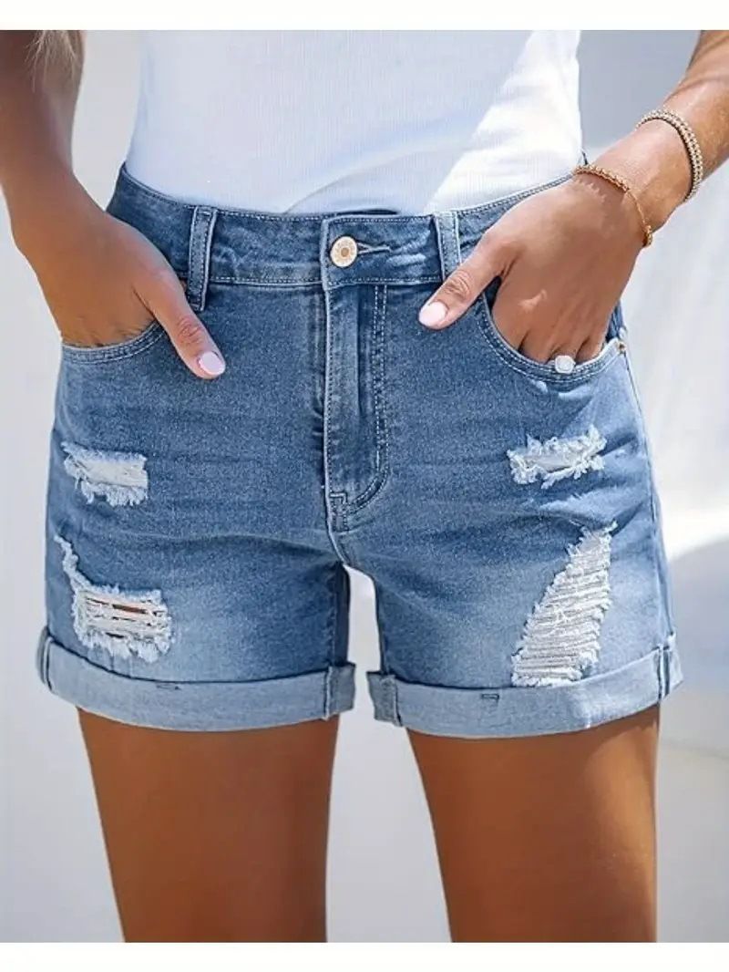 Damenbekleidung Jeans Hohe Taille Bequeme Slim Fit Modische Gerade Casual Denim Shorts_voghion.com