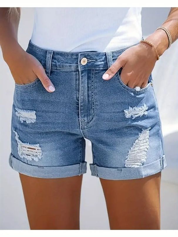 Damenbekleidung Jeans Hohe Taille Bequeme Slim Fit Modische Gerade Casual Denim Shorts_voghion.com