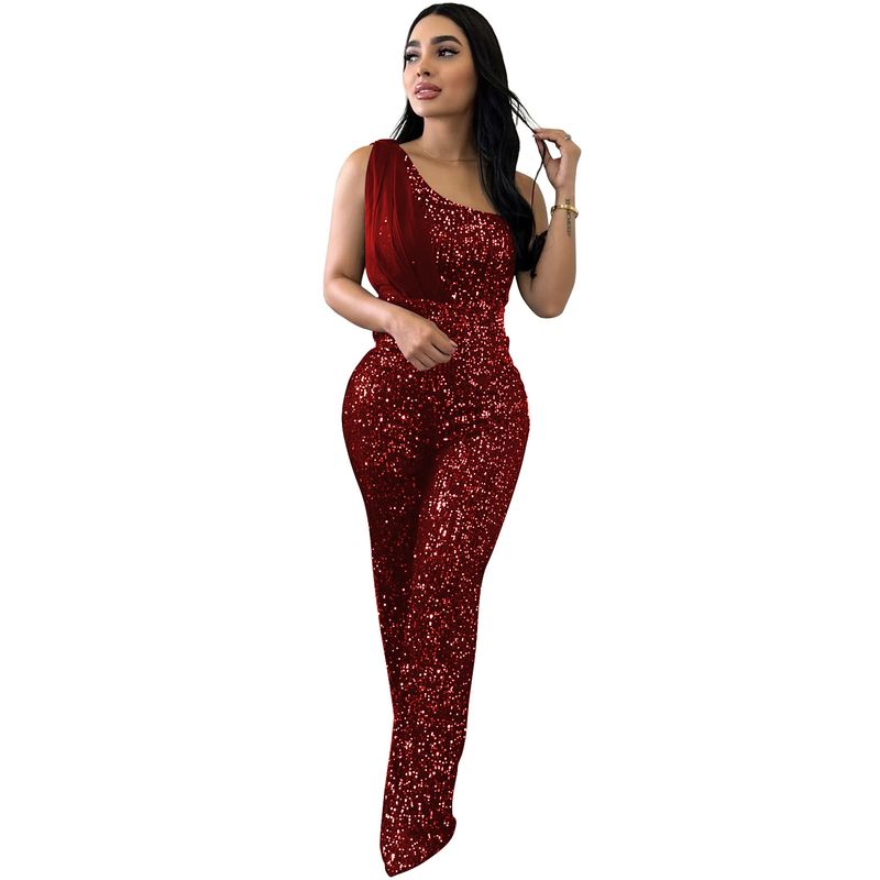 Vêtements pour femmes Combinaison pantalon à paillettes sans manches à épaule unique de couleur unie pour femmes_voghion.com