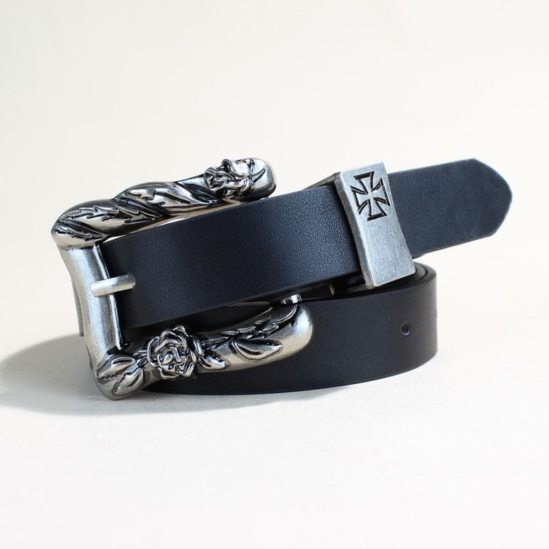 Pasek damski w stylu punk – vintage, czarny, skórzany, z ozdobną klamrą i srebrnym metalowym zapięciem (modny pasek retro do jeansów/spodni)_voghion.com