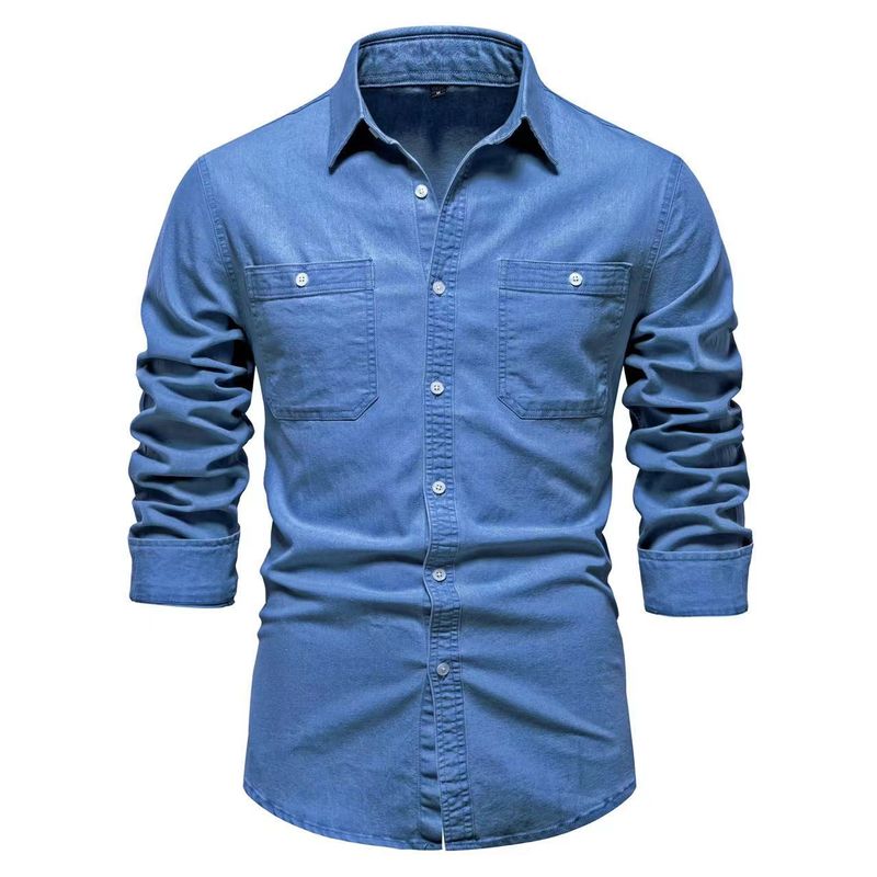 Camicia in denim slim fit da uomo - Camicia classica casual a maniche lunghe con bottoni per uomo, confortevole misto cotone, elegante e versatile_voghion.com