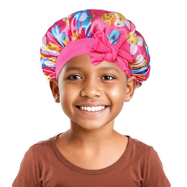 Cuffia da notte in raso stampato per bambini con elastico, fiocco, rotonda, carina, coordinata, per la cura dei capelli_voghion.com
