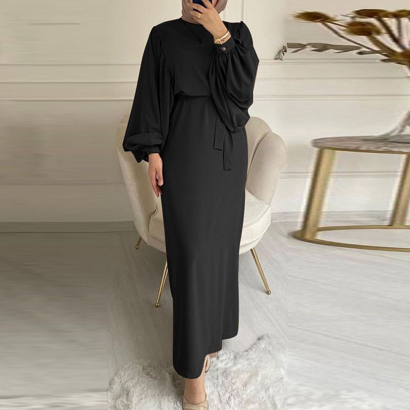 Women's pure color long sleeve casual gown dress_voghion.com