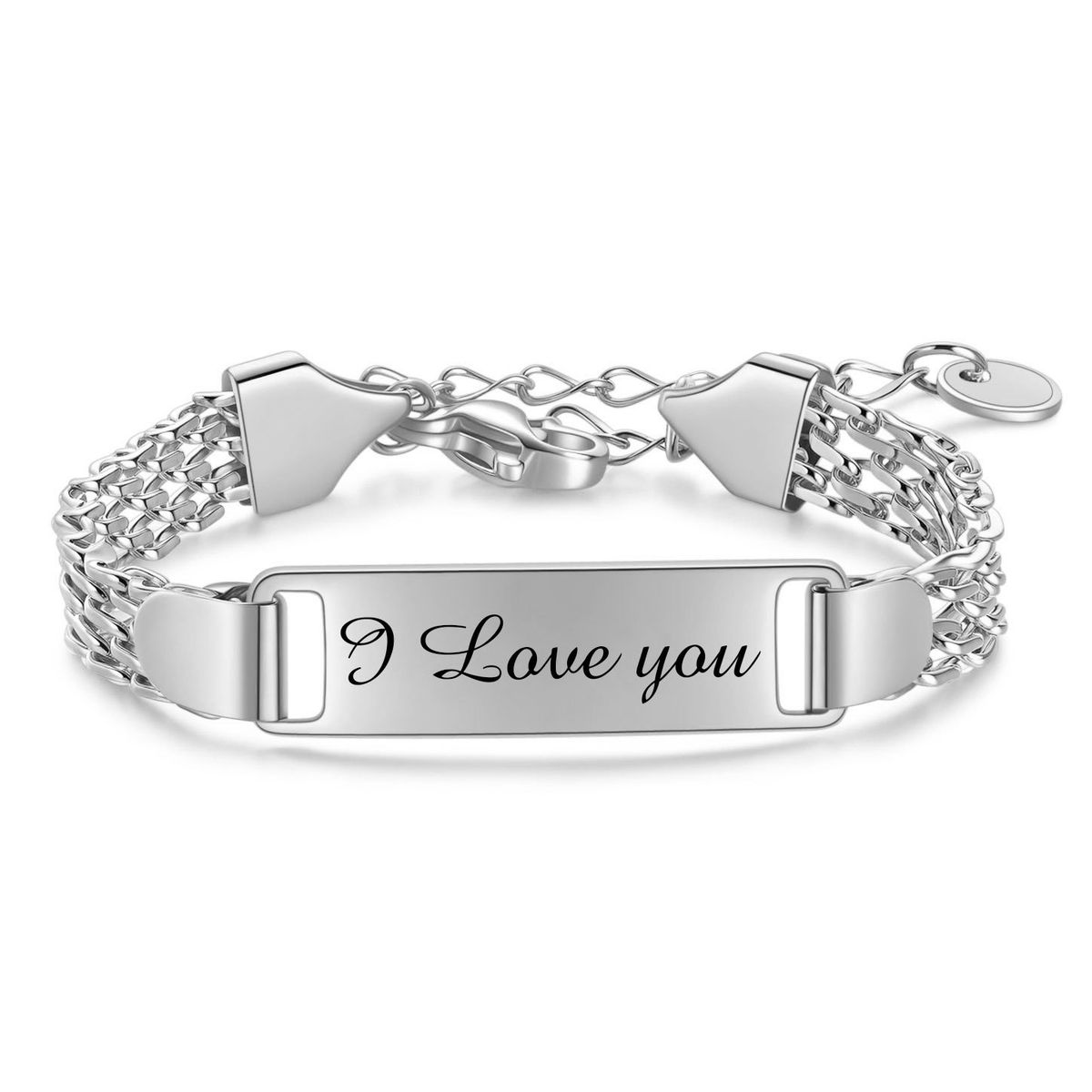 Bracciale con ciondolo rettangolare da 8 mm con scritta "Ti amo" e maglie in maglia metallica, in acciaio inossidabile, per uomo e donna._voghion.com