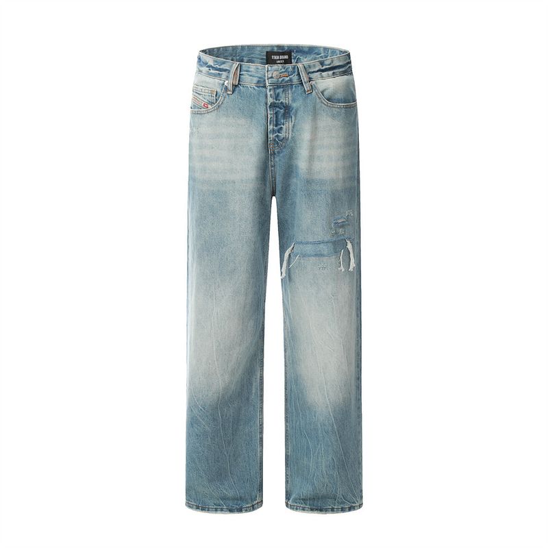 Men's Clothing Contrast color sprayed Ma Liu ripped straight jeans men's vibe fashion brand American retro loose wide leg floor length trousers_voghion.com
