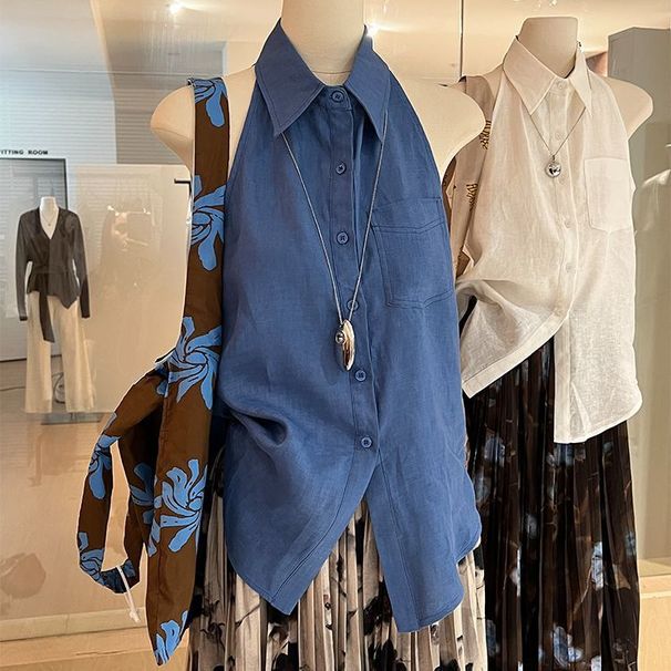 Camicia senza maniche blu per donna, stile estivo, stile old money, moda francese, gilet con spalle scoperte, casual elegante di alta qualità_voghion.com