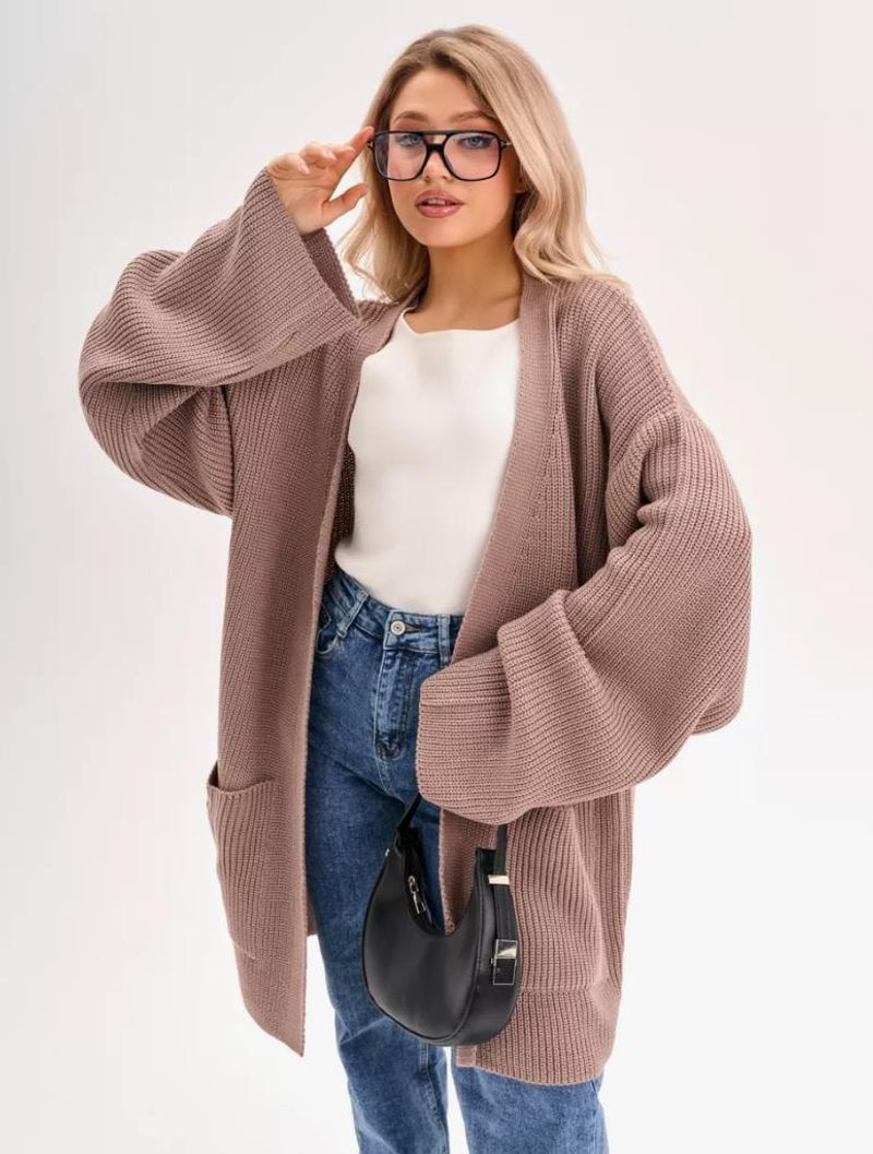 2024 Übergröße Damen lockerer lässiger Strickjackenpullover mit Tasche_voghion.com