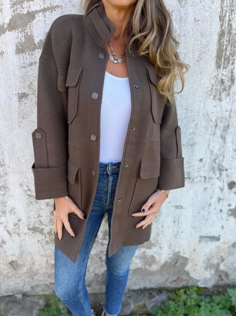 Damenbekleidung Damenmode Stehkragen Neun-Punkt-Ärmel Multi-Pocket-Doppelseitiger Wollmantel_voghion.com