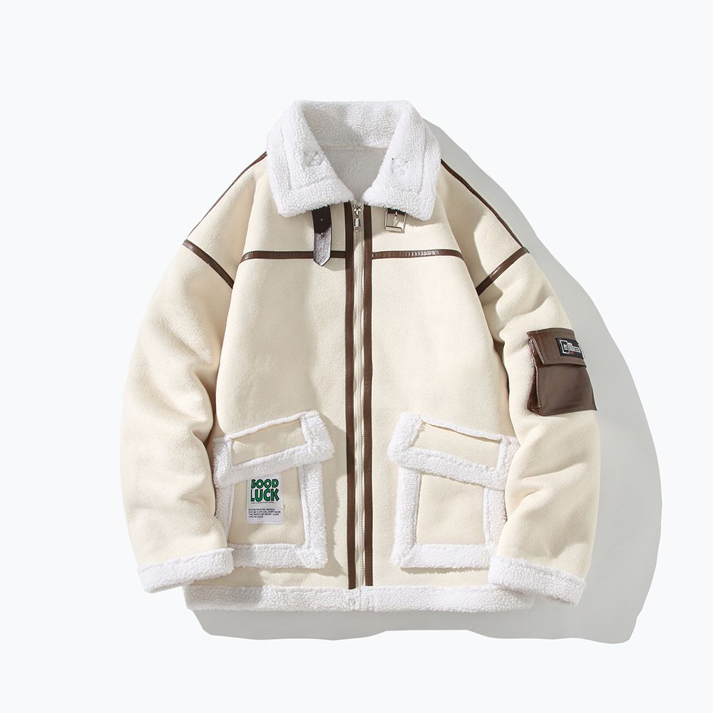 Herrenbekleidung Wintermantel Lockerer Mantel aus Lammplüsch-Baumwolle Jugendmantel mit mehreren Taschen Farblich passender verdickter Baumwollmantel_voghion.com