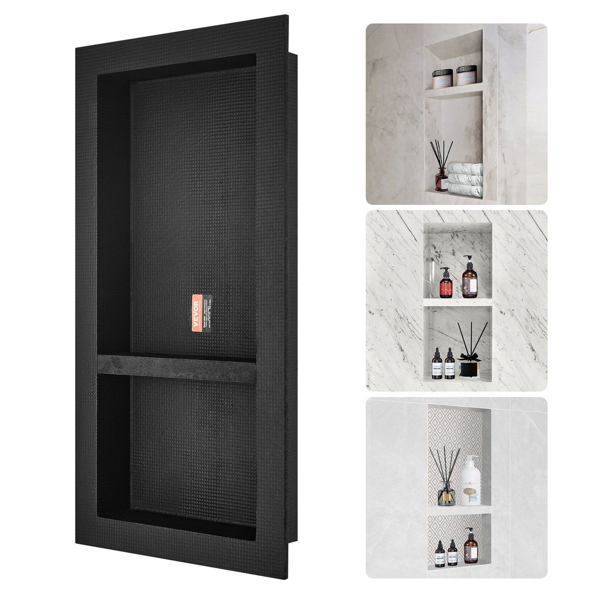 VEVOR Shower Niche Ready For Tile 16" X 32", Double Shelf Organizer, Square Corners Wall-inserted Niche Recessed, Sealed Protection Modern Soap Storage Niche For Shower Bathroom, Black_voghion.com