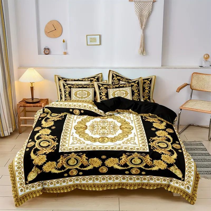 Golden Luxury Printed Duvet Cover Quilt Cover In Soft Polyester Great For Bedroom And Guest Room Bedding_voghion.com