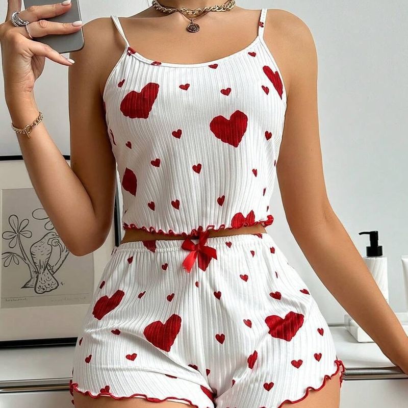 Vêtements pour femmes Vêtements d'intérieur pour femmes Short à bretelles imprimé Love Rayures décontractées pouvant être portées à l'extérieur Vêtements de nuit pour femmes_voghion.com