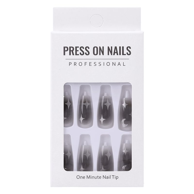 24 stuks/doos zwart-witte Sir Stars Moon kunstnagels geperst op lange draagbare kunstnagels, met sterrenmotief vol_voghion.com