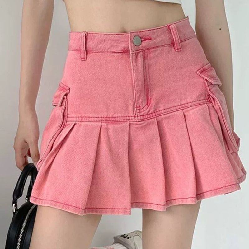 Gonna in denim rosa da donna, pantaloni estivi, hot girl, vita alta, linea ad A, plissettata_voghion.com