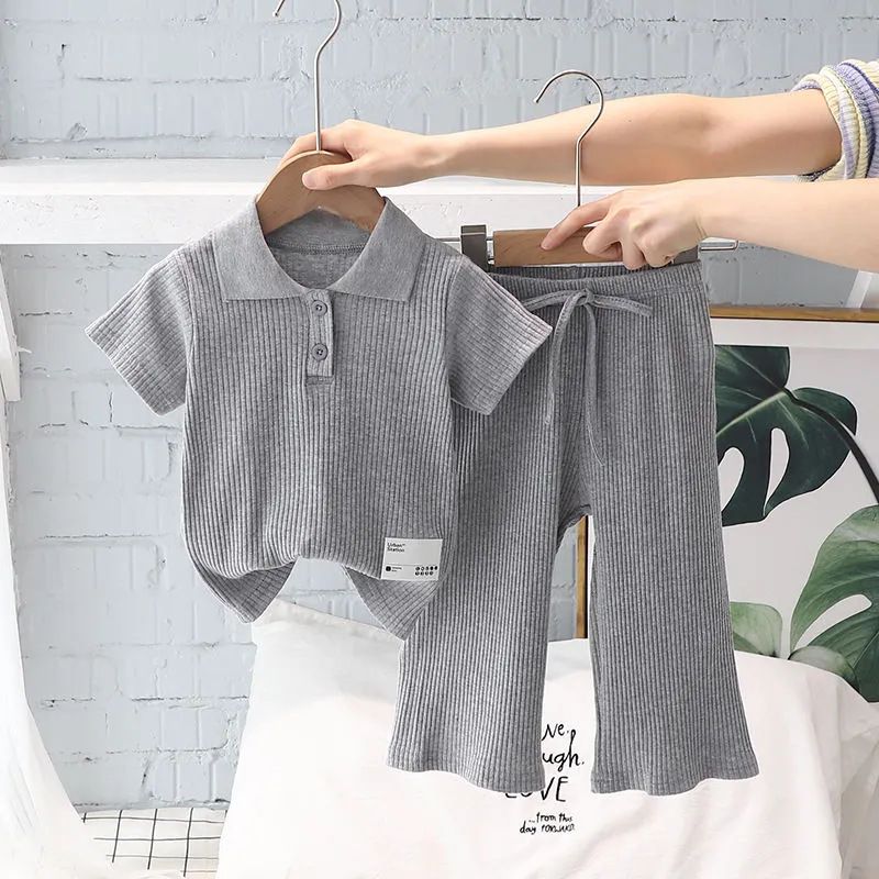 Mère et enfants Vêtements de sport printemps et été pour enfants 2024 filles version coréenne POLO haut à revers pantalon large bébé costume décontracté mince_voghion.com