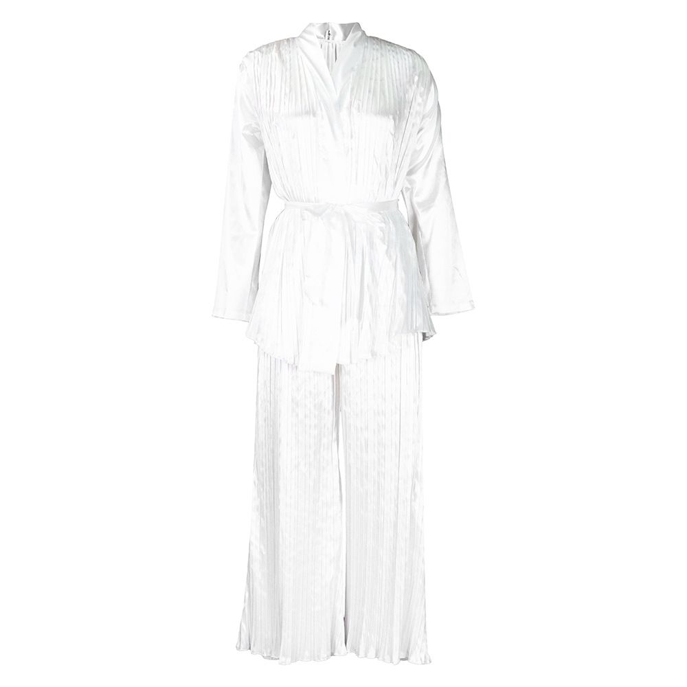 Ženska enobarvna nagubana ohlapna dvodelna srajca z dolgimi rokavi in hlače_voghion.com