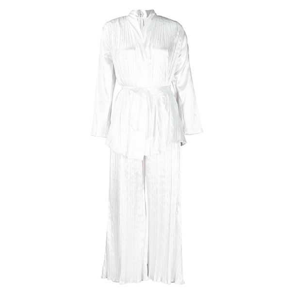 Ženska enobarvna nagubana ohlapna dvodelna srajca z dolgimi rokavi in hlače_voghion.com