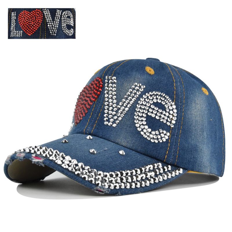Nye ankomster Denim baseballcaps for kvinner Retro Rhinestone Love Fashion Cowboy Sommer Solhatt Snapback Caps Avslappet Utendørs Ny_voghion.com