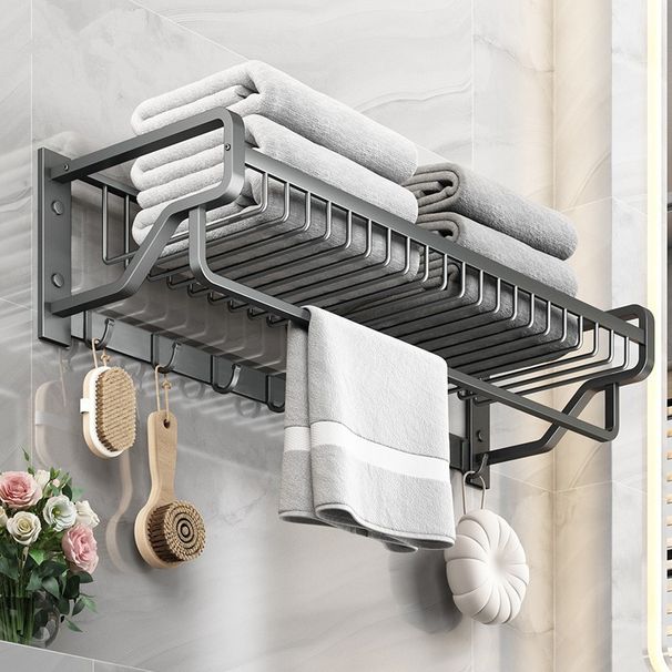 Space Aluminum Bathroom Towel Rack – Wall-Mounted, No-Drill Organizer With Hanging Basket (40/50/60cm, Single/Double Bar, Gun Grey)_voghion.com