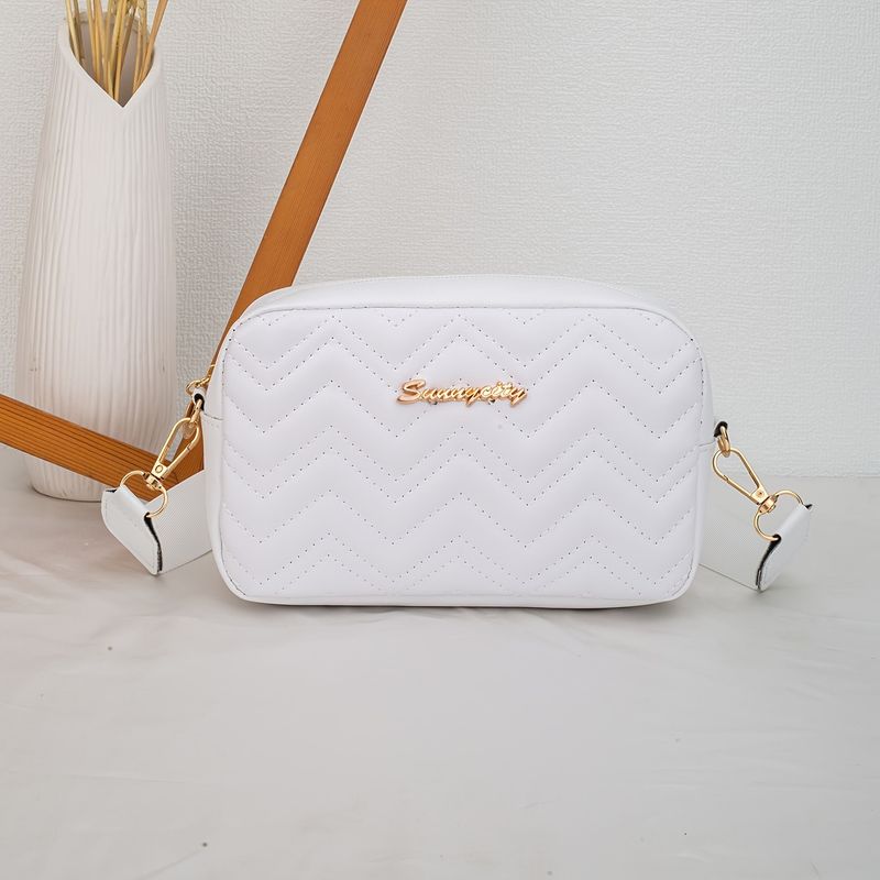 Borsa a tracolla ondulata ricamata da donna - Borsa a tracolla con tracolla larga e logo a lettera, minimalista e casual_voghion.com