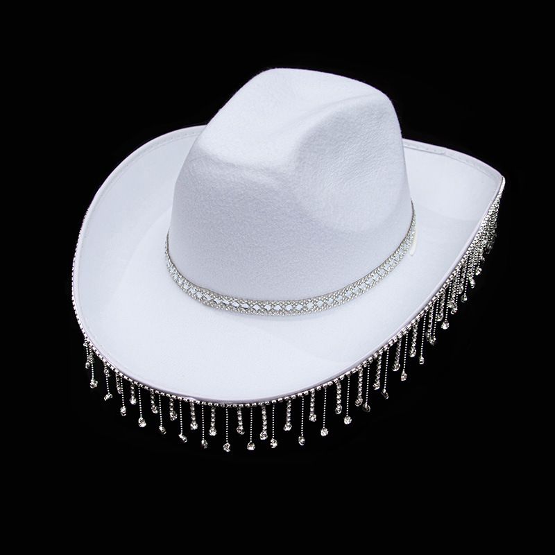 Bridal party Rhinestone fringe white cowboy hat chain diamond bride wedding bachelorette party hat lady_voghion.com