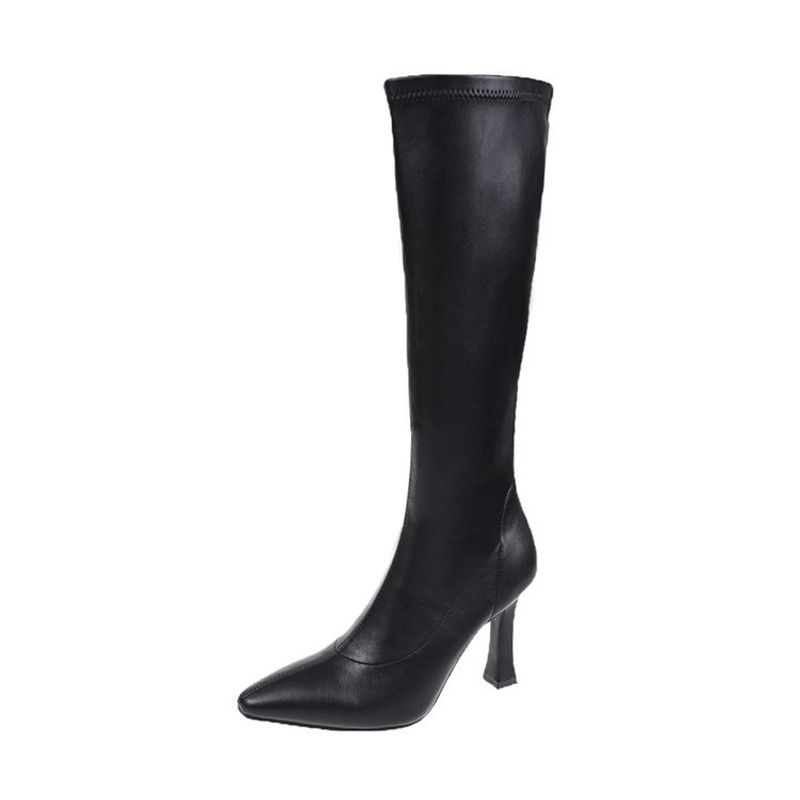 Knielange Stiefel für Damen, spitze Ritterstiefel mit hohen Absätzen, elegante, dünne, schmale, hochhackige Modestiefel_voghion.com
