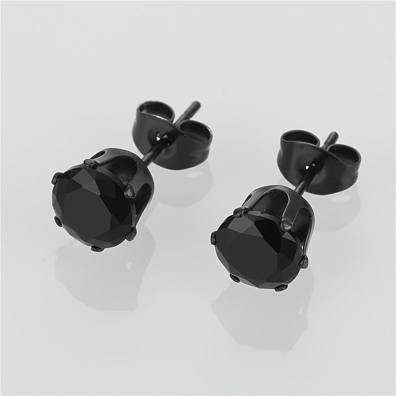 1 Pair Black Stainless Steel Earring for Men Fashion Hiphop Punk Round Zircon Ear Stud Piercing Jewelry Gifts_voghion.com