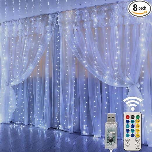 Lichtervorhang für Heimbeleuchtung, 300 LEDs, 8 Beleuchtungsmodi mit Fernbedienung, Stromversorgung über USB für Weihnachtsfeier, Hochzeit, Heimdekoration_voghion.com