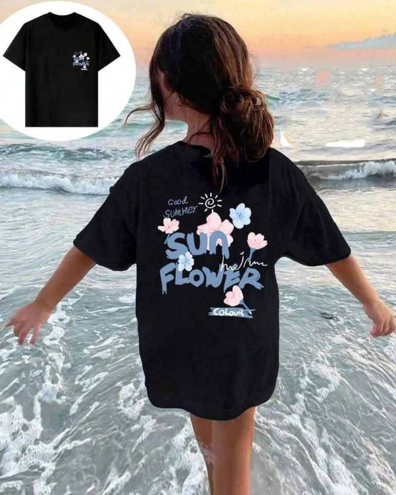Ropa para niños de talla mediana y grande, estilo estampado para niñas, cuello redondo, camiseta holgada de manga corta_voghion.com