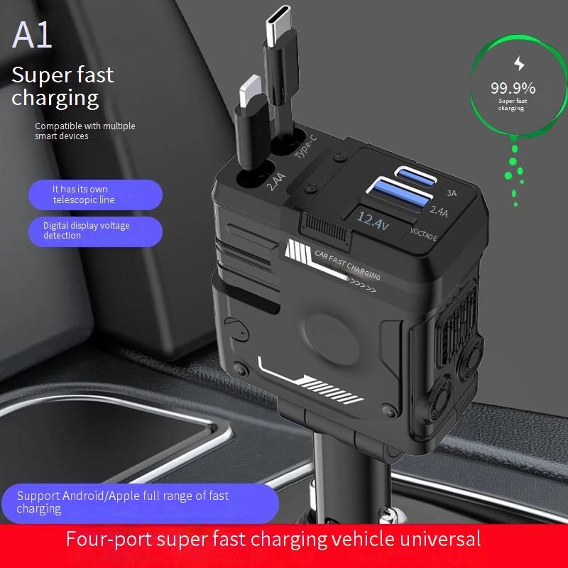 Chargeurs de voiture neufs avec câble rétractable 4 en 1, charge rapide, style Mecha, affichage numérique, allume-cigare_voghion.com