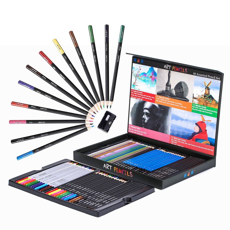 H&B 60-Piece Handmade Box Sketch & Watercolor Pencil Set For Adults – Includes Colored, Metallic, Sketch & Charcoal Pencils_voghion.com