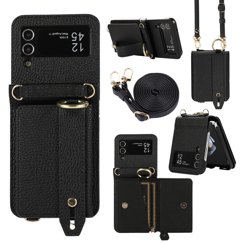 Suitable For Samsung Z Flip5 Folding Crossbody Mobile Phone Case Z Flip4 Card Slot Protective Cover Wrist Strap Bracket Leather Case_voghion.com