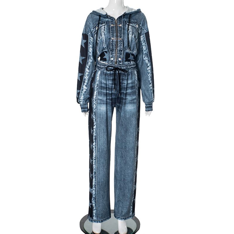 Abbigliamento da donna, giacca in denim retrò con stampa di piccole fragranze di alta qualità, pantaloni a gamba larga, completo in due pezzi_voghion.com