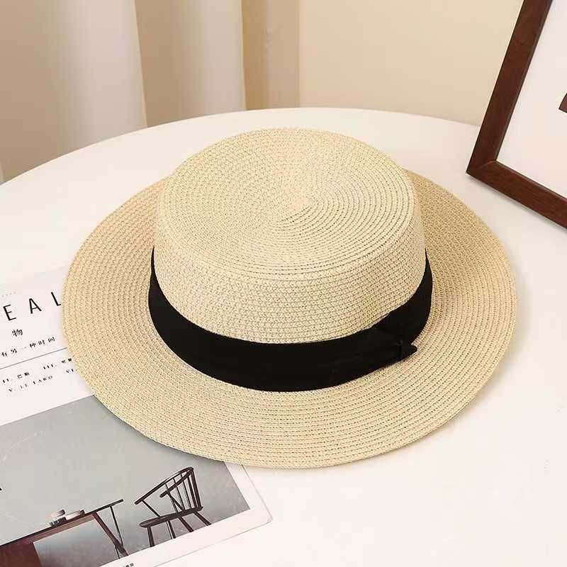 French Flat Top Straw Hat Summer Seaside Vacation Beach Hat Sun Protection Big Head Rim Retro Temperament Fashion Sun Hat_voghion.com