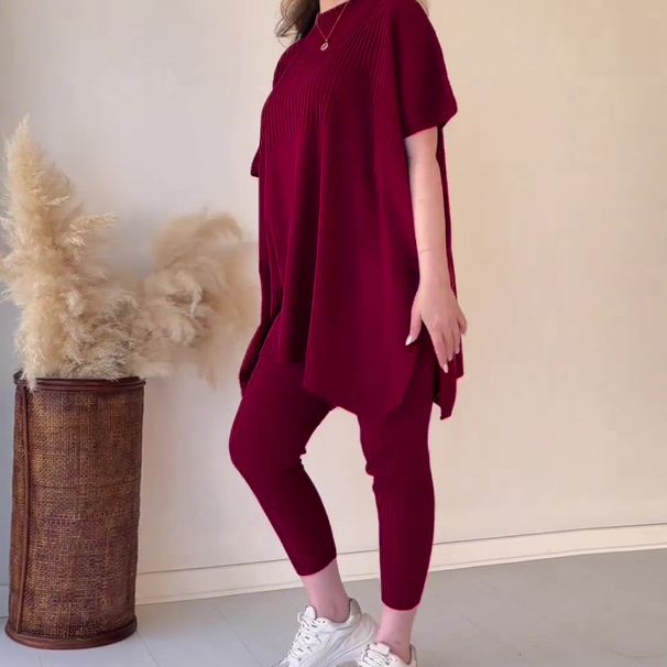 Damen Elegant Faarf Ronn Ausschnëtt Grouss Gréisst Kuerzärmlech Schlitzpullover Casual Kostüm_voghion.com