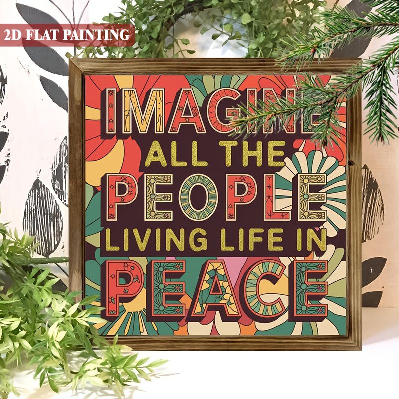 Wooden 'Imagine All People Living In Peace' Sign - 8x8" Framed Garden Art. Inspirational Decor For Home, Porch Or As A Thoughtful Gift._voghion.com