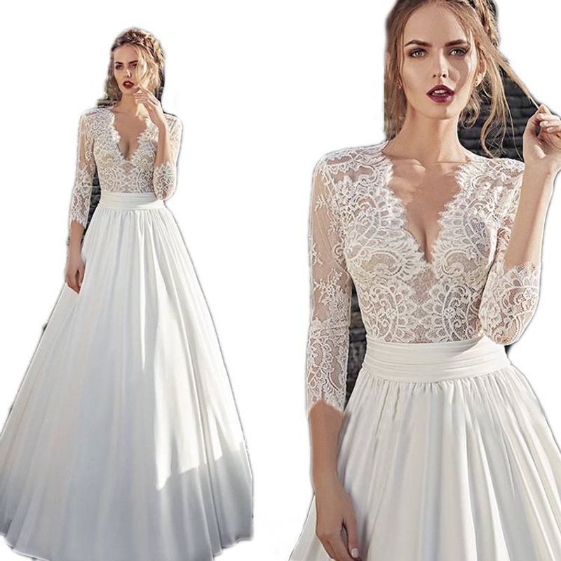 Women's Clothing High Collar Deep V Long Sleeve Lace Slim Fashion Bride Style Floor Length Wedding Dress_voghion.com