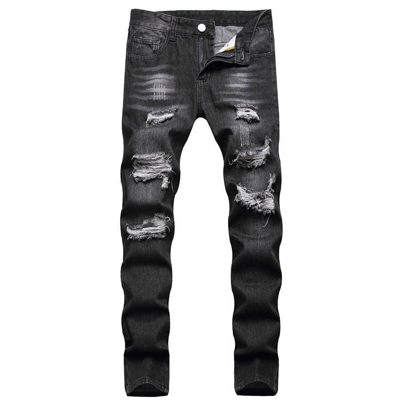 Men's Vintage Black Straight Jeans – Mid Waist Non-Stretch Denim With Multi-Hole Details (Retro Casual Fit)_voghion.com