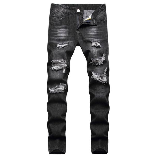 Men's Vintage Black Straight Jeans – Mid Waist Non-Stretch Denim With Multi-Hole Details (Retro Casual Fit)_voghion.com