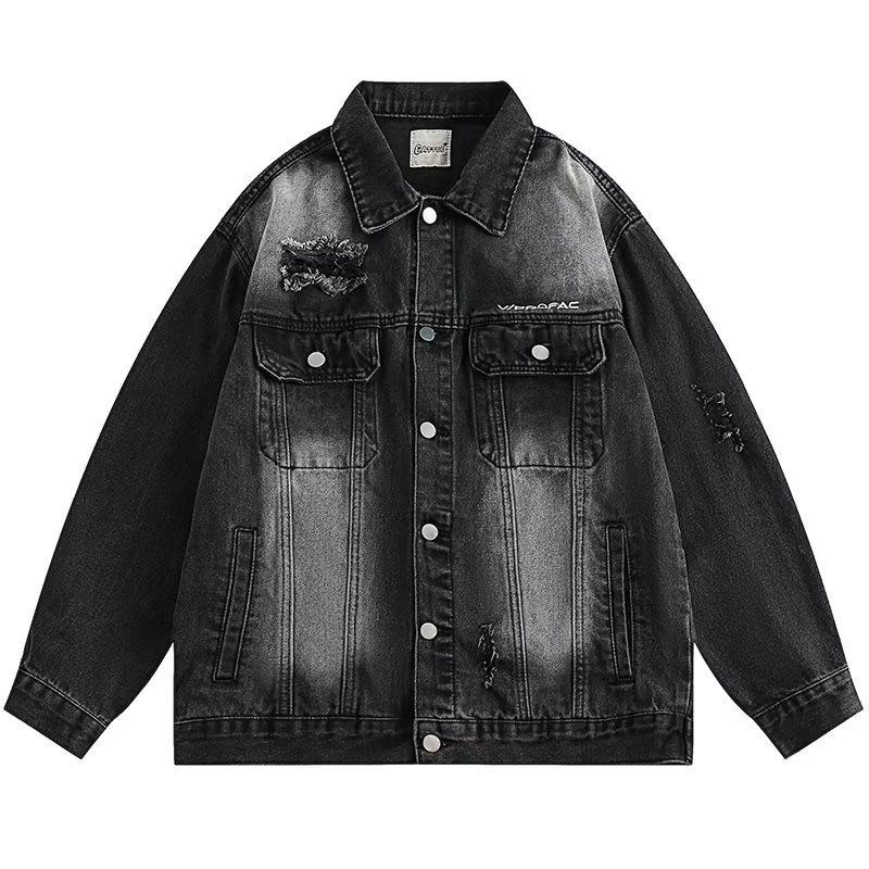 Giacca in denim effetto consumato - Stile hip-hop oversize con ricami e dettagli strappati, cappotto streetwear unisex per uomo e donna_voghion.com