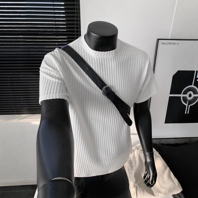 Abbigliamento da uomo Cleanfit, maglietta estiva elasticizzata in seta ghiacciata a maniche corte, a righe nere, con colletto piccolo e fondo camicia_voghion.com