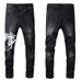 Herren Jeans mit Bandana-Paisley-Print und Patches, grau, Stretch-Denim, schmal zulaufende Hose, Löcher, zerrissene Distressed-Hose_voghion.com