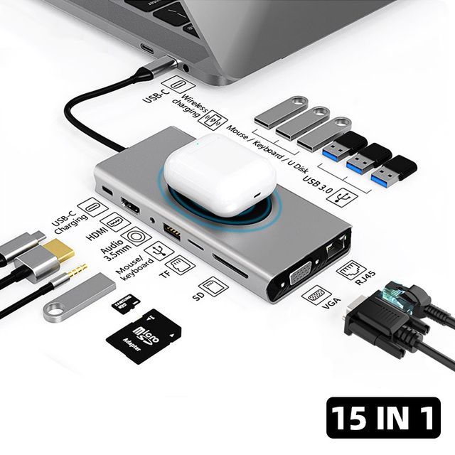 15 in 1 HUB di tipo C Docking Station HUB USB Adattatore di ricarica wireless USB 3.0 compatibile con HDMI Accessori per laptop_voghion.com